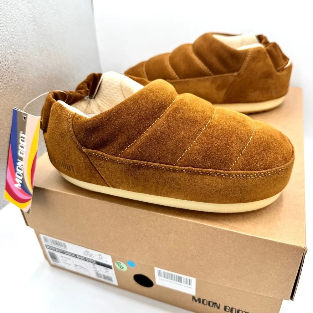 NWT Moonboot Suede Leather Slide Slippers Brown Cognac Unisex Shoes Brand New - Picture 3 of 16